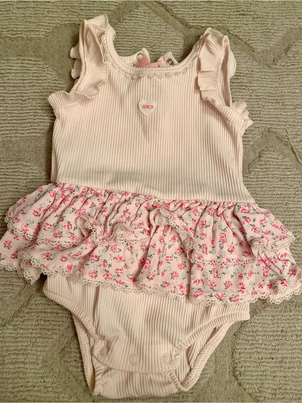 Juicy Couture Pale Pink Ribbed Ruffle Floral Baby One-Piece